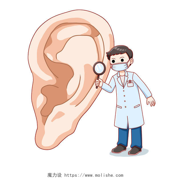 卡通医生用放大镜检查耳朵医疗科普宣传元素全国爱耳日